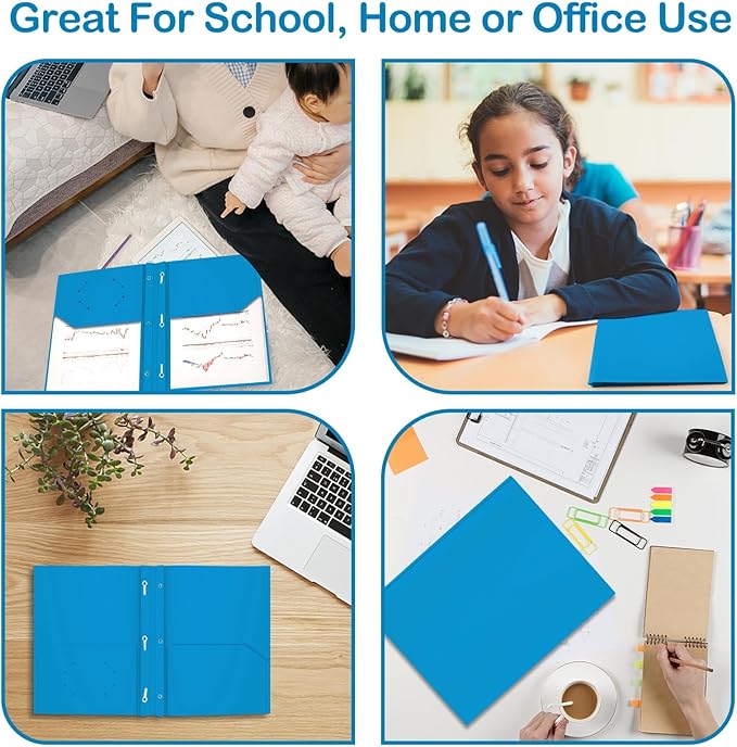 ViVin 12 Pack Plastic Folders with Pockets and Prongs, Heavy Duty 2 Pocket Folders with 3-Prong Fasteners, Poly File Holds 8-1/2" x 11" Paper for School Office Home (Sky Blue)