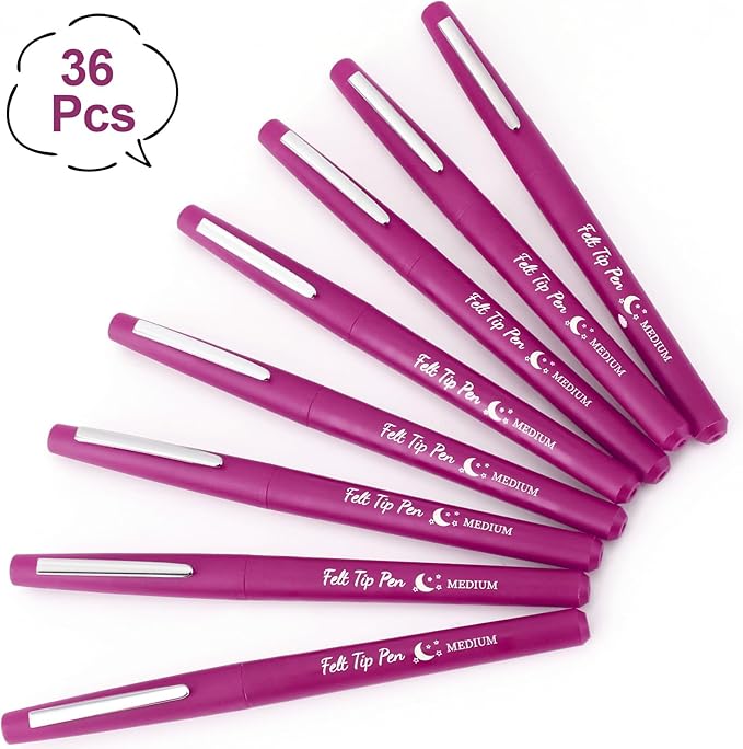 Fuyoooo 36 Pcs Pink Felt Tip Pens 0.7mm Medium Point Felt Tip Marker Pens Bulk, No Smear, Quick Dry for Journaling Planner Writing Note-taking Art Office and School Supplies