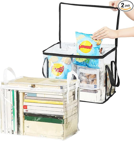 2PCS Clear Book Storage Bag Plastic Comic Books Organizer Collapsible Book Display Case with Lid and Lifting Handle suitable for books and toys,Size38x24x32cm/15x9x13inches