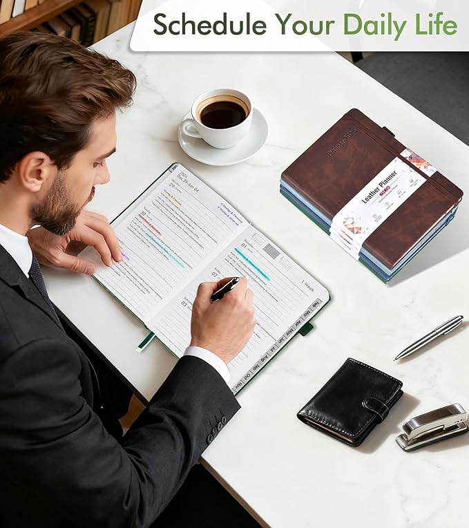 2026 Weekly & Monthly Planner, 12 Months Hardcover Planner from January 2026 - December 2026, Leather Agenda Organizer Book 2026 with Tabs, Daily Calendar Planners for Work School Home, A5 (5.75" x 8.38"), Green