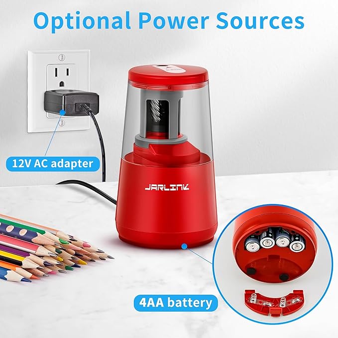 JARLINK Electric Pencil Sharpener, Heavy-Duty Helical Blade to Fast Sharpen, Auto Stop for No.2/Colored Pencils(6-8mm), AC Adapter/Battery Operated in School Classroom/Office/Home (Red)