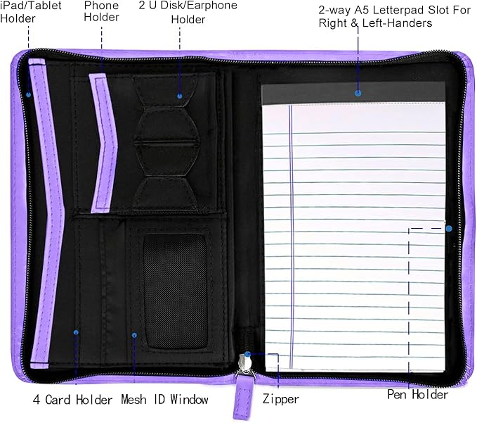 Junior Padfolio Portfolio with 5 x 8 Writing Pad, A5 Business Portfolio Binder Folder Organizer Multi-Function Combination Case for Men Women, Purple
