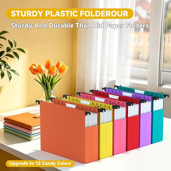 Large Hanging File Folders Letter Size,2.5" Expansion Heavy Duty Home Office Hang Folder,Plastic File Cabinet Folders with Tabs,12 Pack Colorful Hanging File Organizer for Medical Charts