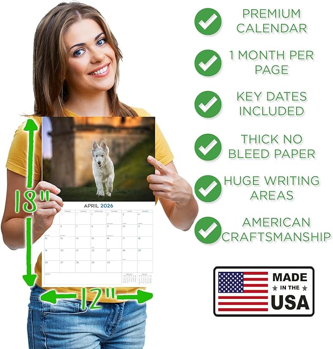2025 2026 White Shepherd Calendar - Dog Breed Monthly Wall Calendar - 12" x 18" Open - Thick No-Bleed Paper - Giftable - Academic Teacher's Planner Calendar Organizing & Planning