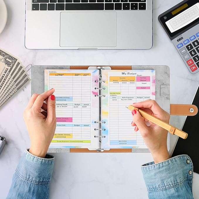 Toplive 7 Pack A5 Planner Inserts Monthly Weekly Planner Refills Paper 6 Ring Expense Budget Sheets with Cash Envelopes Divider Ruler Stickers, for A5 Planner Binder Cover, Colorful