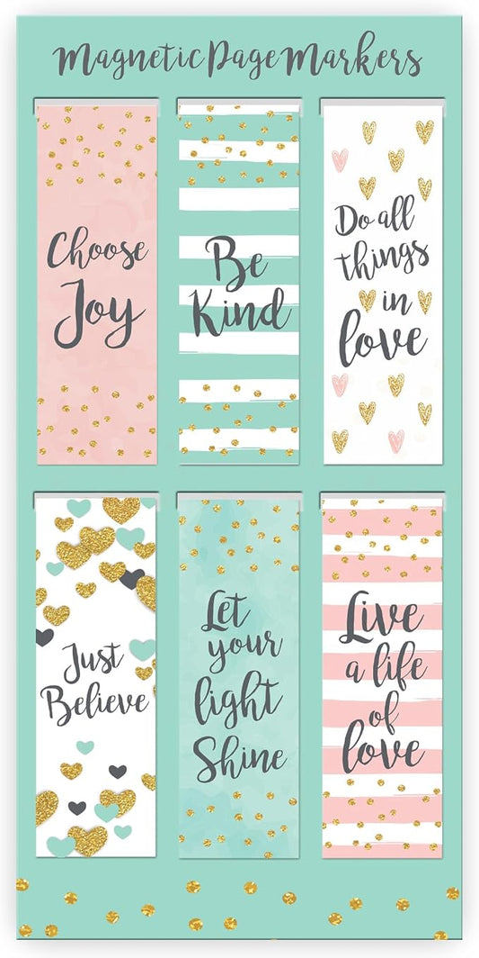 Christian Art Gifts Magnetic Scripture Bookmark Set for Women: Choose Joy Be Kind Just Believe - Inspirational Sparkle Magnetic Bible Verse Pagemarker Set of 6 for Bibles and Books, Size 2.3" and 0.8"