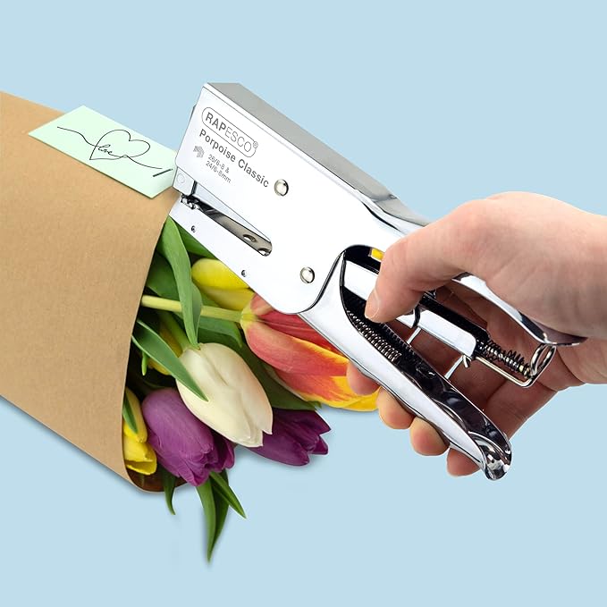 Rapesco 1298A Porpoise Classic Stapling Plier with 10.000 Staples, Type 26 Standard 5/16", 45 Sheet Capacity, Uses Type 26 Standard and Type 24 High-Capacity Staples, All Metal, Chrome