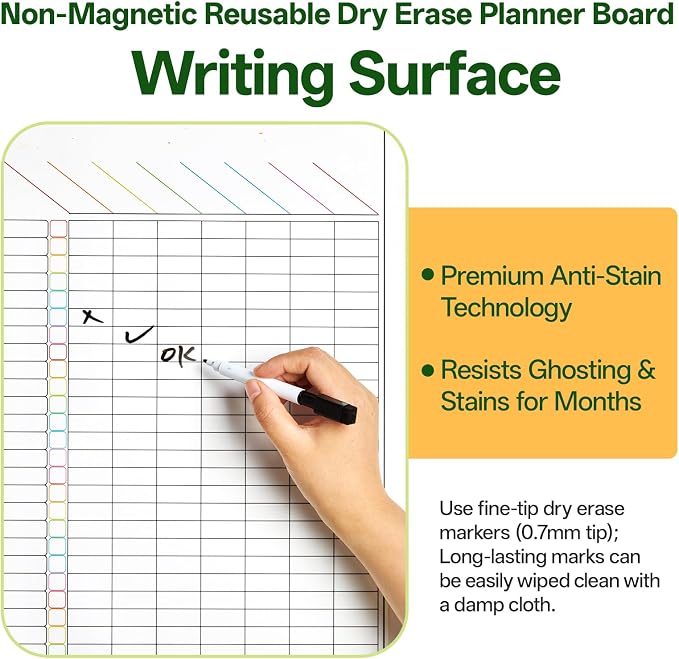 Non-Magnetic Multifunctional Dry-Erase to-Do List Whiteboard 17.3×11.5 Inches - Reusable Chore List, Habit Tracker, Goal Task Planner, Daily/Weekly/Monthly Planner, Adheres to Most Smooth Surfaces