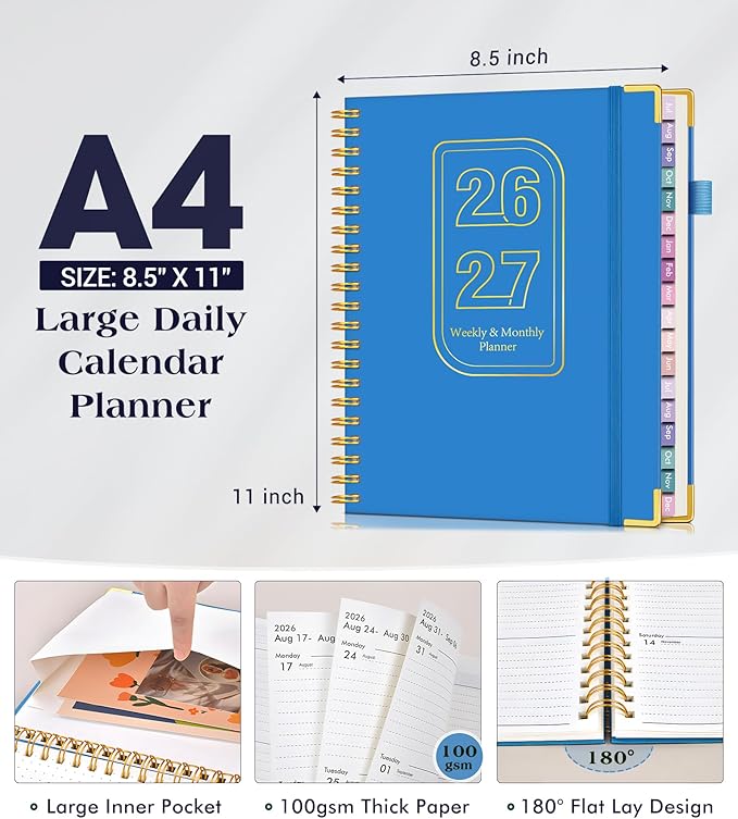 Academic Planner 2026-2027, 18 Months Weekly and Monthly Hardcover Planner, July 2026 - December 2027, 8.5" x 11" A4 Large Daily Calendar Planner Book with Tabs, Spiral College School Agenda Organizer for Student Teacher, Night Sky Blue