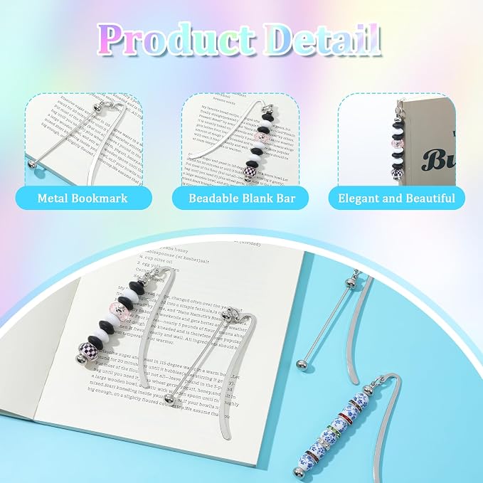40 Pcs Beadable Bookmarks DIY Metal Blank Bar Bookmark for Beads Modern Bead Craft Jewelry Pendant Charm Gift for Book Lovers Student Teacher Office Supplies(Silver)