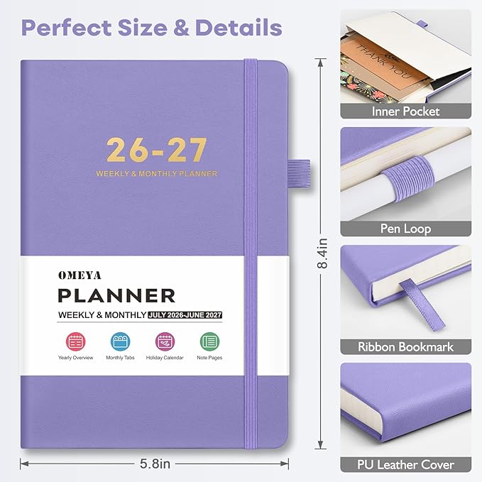 OMEYA Leather Academic Planner 2026-2027: A5 Purple Business Weekly & Monthly Planner for Work, July 2026 – June 2027, 100gsm Thick Paper, Durable Stitched Binding, Tabs, Pen Loop, Pocket