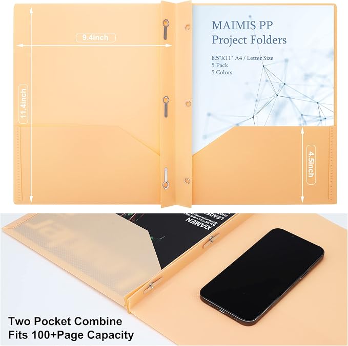 Plastic File Folders with Pockets - (5 Pack, Assorted Colors) Heavy Duty 3 Hole Two Pocket Folder with Pockets 3 Prong Folders A4 Letter Size Colored Plastic Folders for School Office Home