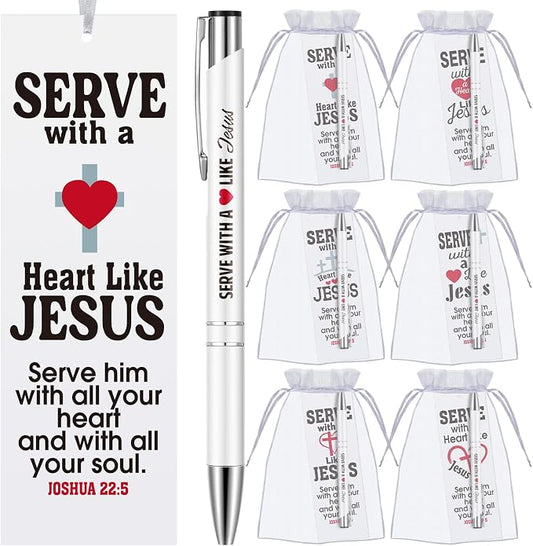 Dispowreath 24 Pcs/ 12 Sets Serve with a Heart Like Jesus Bookmarks with Christian Pen Include 12 Christian Joshua 22: 5 Bookmarks 12 Jesus Pens for Religious Church Volunteers Prizes Party Favors