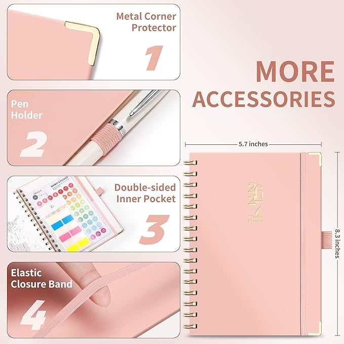 Academic Planner 2026-2027, Weekly and Monthly, A5 Size (5.7" x 8.3"), July 2026 - June 2027, To-do List for Tracking, for School, Home, Office, Hardcover, 12-Month Tabs (Pink)