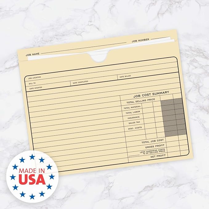 Classic Professional Manila File Folder / 50 Preprinted Job Folders / 10" x 12" Fill in Task Cost Tracking File Jacket Folders/Project Progress Tracker/Made in The USA