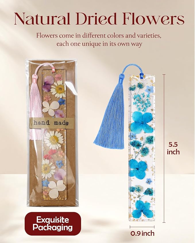Buleens 4PCS Bookmarks for Women- Book Marks for Readers Book Lovers, Personalized Handmade Dried Flower Resin Bookmark with Tassels, Pretty and Aesthetic