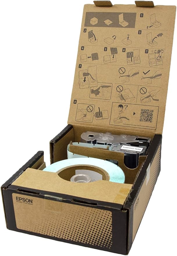 Epson LABELWORKSPX BVSL25X38PX Genuine Bulk Die Cut Self Laminating Overwrap Vinyl Tape - Black on White Flexible and Durable Industrial Label Maker Tape - 1" x 1.5" Wide, 1500 Labels per Roll