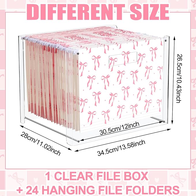 Dispowreath 24 Hanging File Folder with Acrylic Organizer for Letter/a4 Size Desktop Clear File Storage Box with Handles for Home Work Office Use(Pink,Bow)