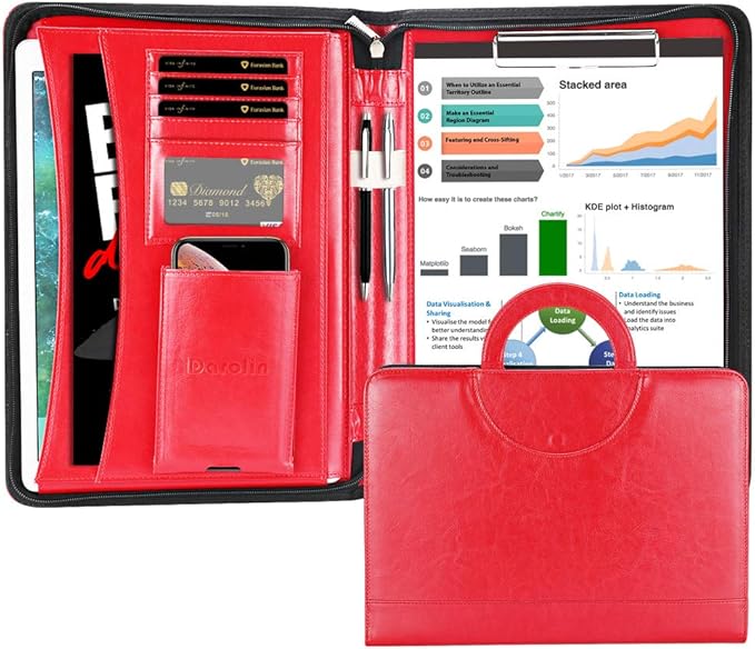 Darolin Zippered Leather Padfolio Portfolio with [Hidden Handle] and [Clipboard], Business Conference Portfolio Organizer Notepad Folder, Padfolio for Women/Men (Red)