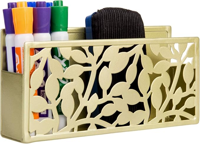 MyGift Magnetic Dry Erase Marker Holder Brass Metal for Whiteboard,Dry Erase Markers and Accessories Storage Basket Organizer with Floral Cutout Design