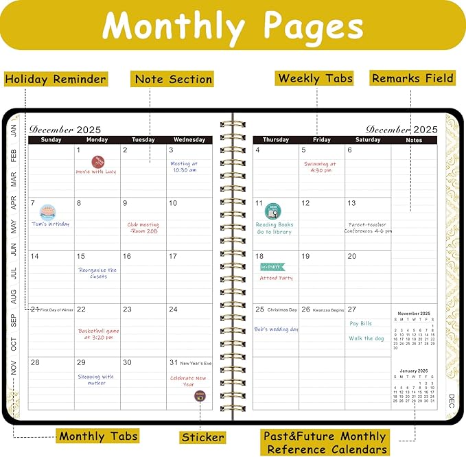 Daily Planner 2025-2026, Monthly and Weekly Calendar Planner with Tabs, July 2025 - Jun 2026, Inner Pocket, 6.2" x 8.5" A5 Size, Perfect for Office Home School Supplies, Spiral Bound, Black ﻿