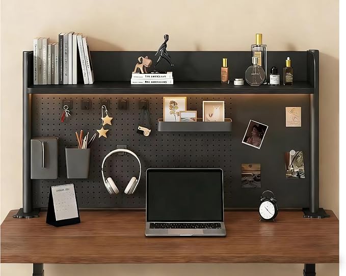 23.6 Inch Clip-on Desktop Organizer Bookshelf with Pegboard, Desk Shelf Organizer, Multipurpose Computer Desk Desktop Bookshelf, Desk Extender Pegboard Clamp, Desktop Display (Black)