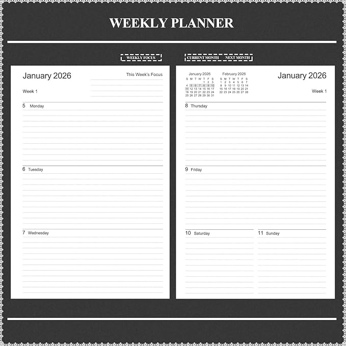 Tiankool Planner 2026, Jan 2026 - Dec 2026 Weekly Monthly Planner with 12 Monthly Tabs and Elastic Closure, Inner Pocket, Round Corner,5.8" x 8.25"- Black