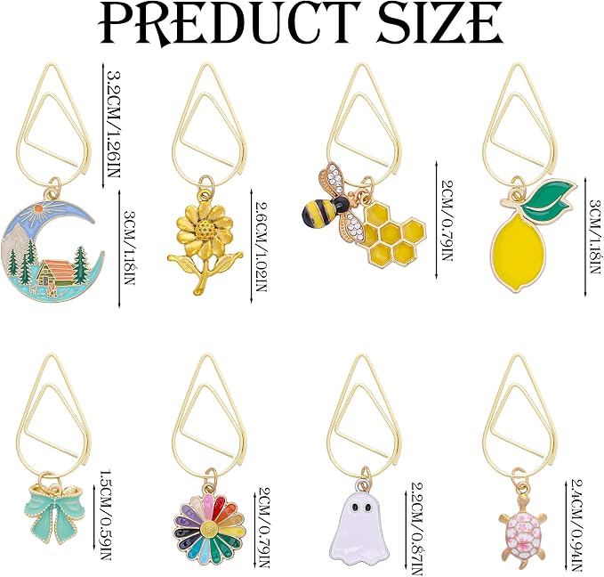 Cute Metal Bookmark Gift - 8 PCs Colorful Bee Flower Bow Ghost Paperclip Book Mark Unique Turtle Moon Page Markers for Reading Lovers Women Kids Students Teachers School Office Accessories