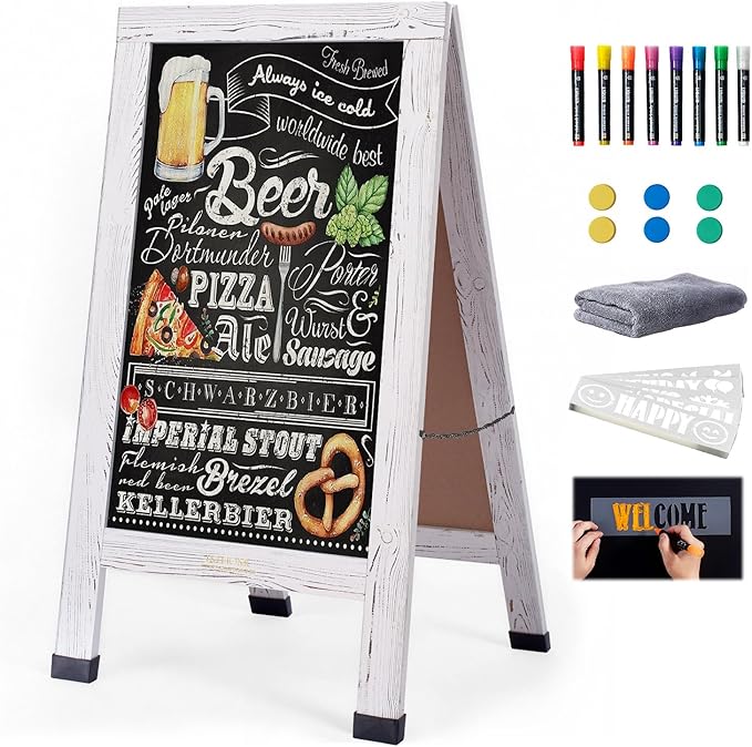 Wood Magnetic A-Frame Chalkboard Signs, 40" x 20" Large Sandwich Board Signs Outdoor, Double-Sided Sidewalk Blackboard for Business, Wedding, Vendor Display, Coffee Shope - White