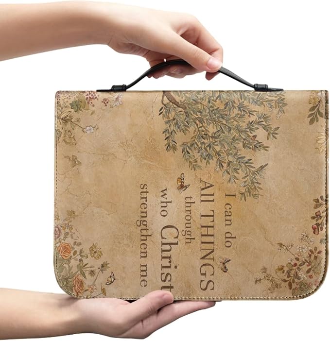 Vintage Style Olive Tree Bible Case with Bookmark Waterproof Bible Cover Case for Women Lightweight Bible Bag with Handle Pockets Church Book Bag Brown