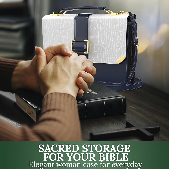 DEHITE Bible Cover Case for Women – Bible Carrying Bag for Women – Black and White Large Purse Case – Fits Book 9.8x7.4 x1.9 in – Pen Slots – Zippered Pocket – Shoulder Strap – Premium PU Leather