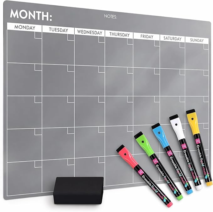 Fridge Calendar Acrylic 17x12”, Start Monday | Magnetic Calendar for Refrigerator | Acrylic Dry Erase Whiteboard Calendar for Fridge | Family Schedule Board with 5 Markers & Eraser by Freedom Mastery