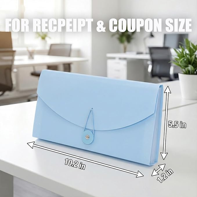 Portable 13-Pocket Receipt & Coupon Organizer, Small Expanding Accordion File Folder with Labels, Long Ticket Size Holder for Bills, Checks, and Travel Documents (10.2" x 5.5"), Blue
