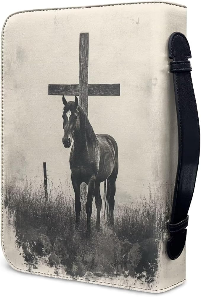 Retro Cross Horse Bible Cover for Women, Soft Leather Bible Case with Zipper Pockets for Pens Waterproof Religious Scripture Carrier for Outdoor Church Events