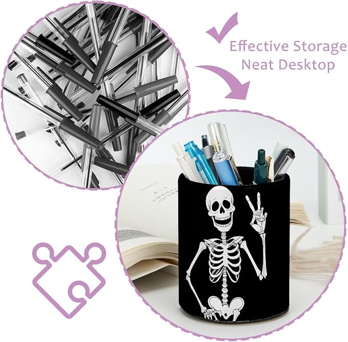 Funny Skeleton Pen Holder Pencil Organizer Cute Pencil Cup Desk Decor Makeup Brush Holder PU Multifunctional Office Supplies for Home Classroom School