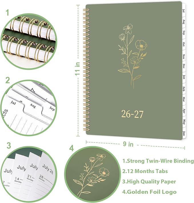 Planner 2026-2027 - 2026-2027 Academic Planner Weekly and Monthly with Tabs, 9’’ × 11’’, JULY 2026 - JUNE 2027, Hardcover, 12 Monthly Tabs, Premium Paper, Twin-wire Binding, Inner Pocket