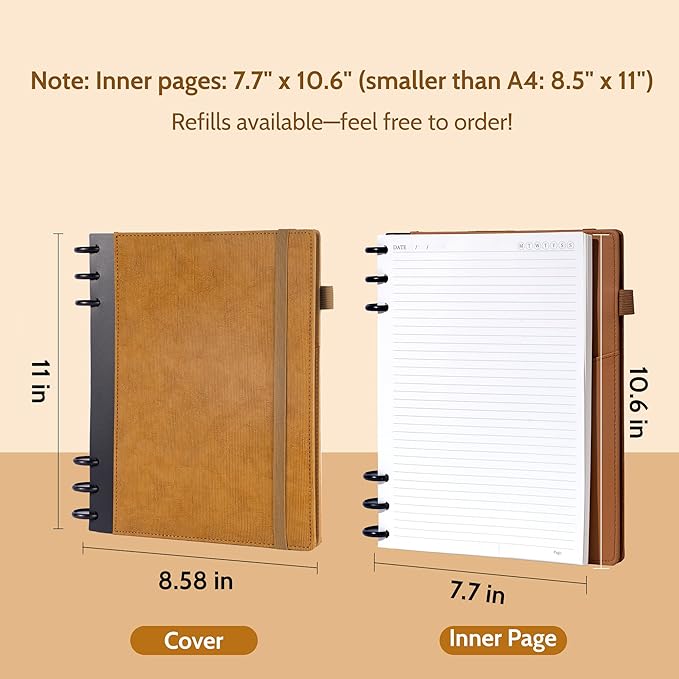 Yoment Refillable Notebooks for Work Discbound: Hardcover Notebook with 5 Subject Removable Dividers Tabs Colleged Ruled Large Journal for Writing Women Men 240 Pages,Brown
