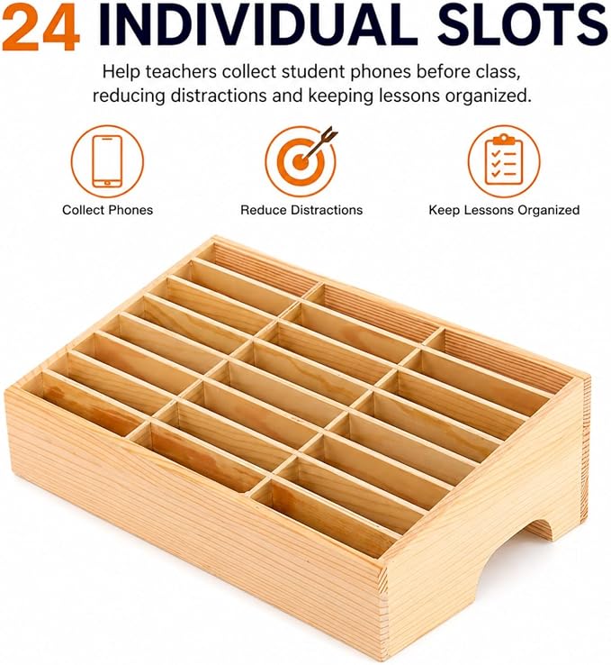 XICHENGSHIDAI 24-Grid Classroom Cell Phone Holder, Wooden Mobile Phone Storage Box, Desk Organizer for Teachers, School and Office