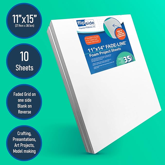 Flipside Products 11" x 14" Fade-Line White Poster Foam Board 3/16'' Thick, 1/2" Subtle Grid Lines for Alignment & Visual Layouts, Arts, and Crafts, Pack of 10