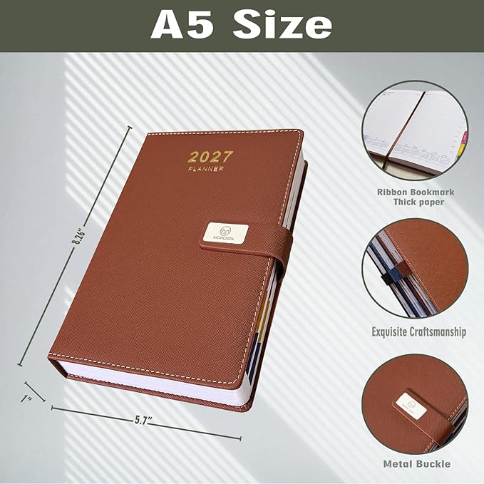2027 Daily Planner – One Page Per Day, 12-Month Calendar (Jan–Dec 2027), Hourly Appointment Book, 5.7" x 8.26" Leather Cover, Thick Paper – Hourly, Daily & Monthly Organizer (Brown)