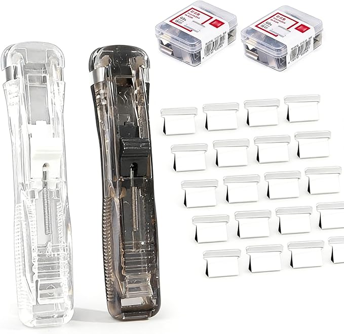 2PCS Portable Binder Clip Stapler - Damage-Free Paper Binding, No Holes, Include 116 Reusable Clips, Push Clip Binding, One-Handed, Easy Operation (2pc+100 Clips)
