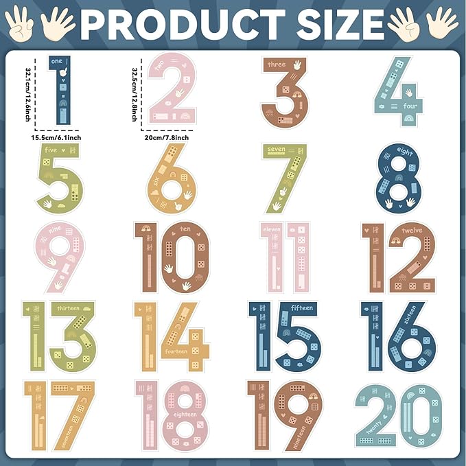 20Pcs 13In Boho Jumbo Numbers Bulletin Board Set Boho Rainbow 1-20 Cutouts for Wall Decoration Learning Educational Teaching Tool Supplies