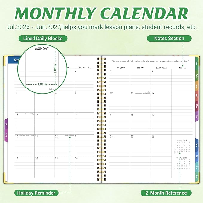 Teacher Planner 2026-2027 Academic Year, Jul.2026 - Jun.2027, 8.5" x 11" Lesson Planner Book for Teachers, Teacher Planners with Colorful Monthly Tabs for Homeschool & Classroom Organization - Tree