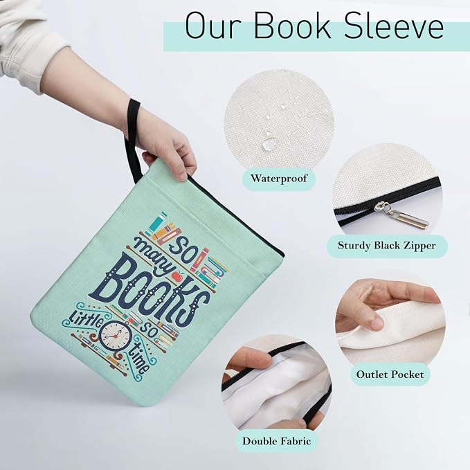 So Many Books Book Sleeve with Zipper and Front Pocket for Book Lovers, Paperback Sleeve for Librarian Lovers Bookish Group Club Gifts for Women, Book Cover for paperbacks 9 x 12 Inch