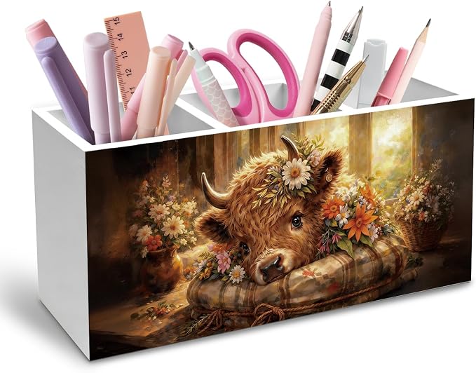 Rustic Wildflower Highland Cow Pen Holder for Desk, Highland Cow Gifts for Women Pencil Organizer, Cottagecore Farm Heifer Wooden Box Sign Desk Decor for Home Office Decoration