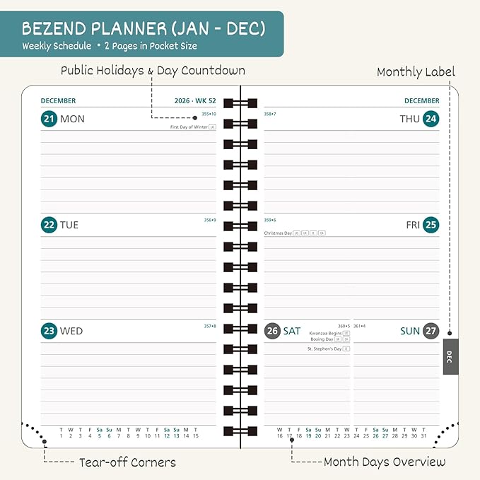BEZEND Pocket Calendar 2026 Weekly and Monthly (3.5" x 6" Spiral) Small Daily Planner for Purse (Jan-Dec) with Notes & Expenses, Inner Pocket, Pen Holder, Vegan Leather Softcover - Mint Green