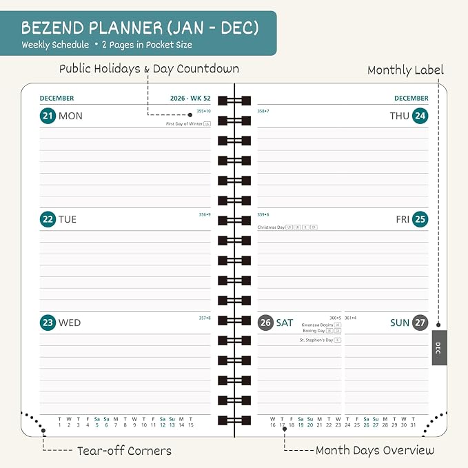 BEZEND Pocket Calendar 2026 Weekly and Monthly (3.5" x 6" Spiral) Small Daily Planner for Purse (Jan-Dec) with Notes & Expenses, Inner Pocket, Pen Holder, Vegan Leather Softcover - Mint Green