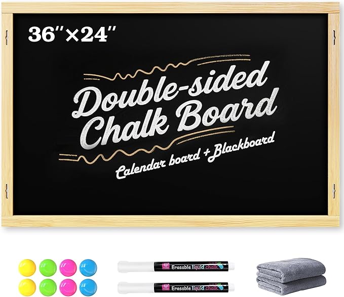 2-in-1 Double-Sided Magnetic Chalkboard 36"x24", Chalk Calendar Board & Large Blackboard for Kitchen & Home Decor, Schedule, Menu, Back-to-School Gift - Hanging Chalk Board with 2 Liquid Pens, Wood