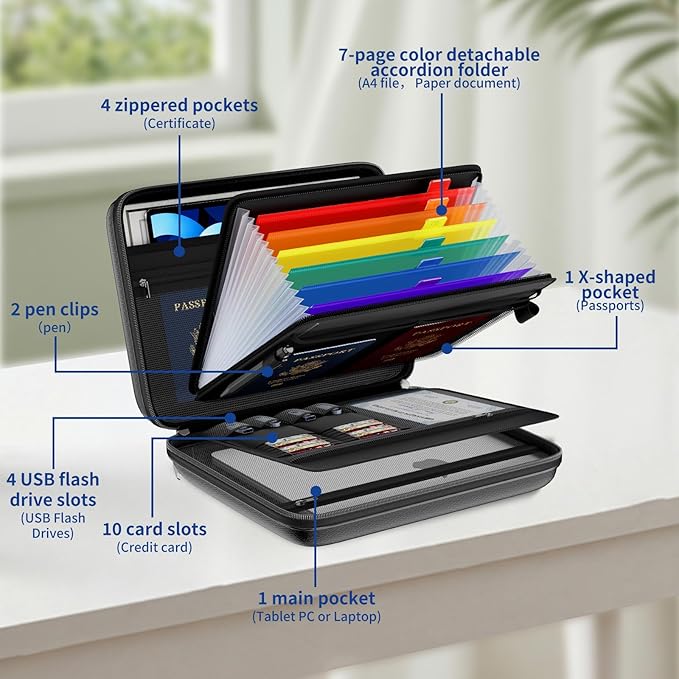 Tamfile Fireproof Document Box with Lock, Hard Case File Organizer with 7-Pocket Accordion Colour File Folder, Portable Safe Storage for Home Office Travel to Important Documents, Laptop, Black