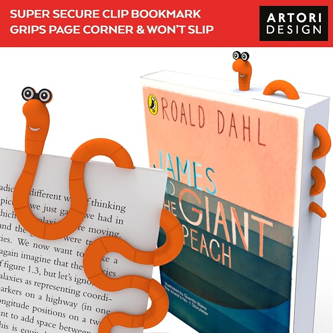 Clip Bookmarks for Kids Students Women and Men - Wally The Bookworm Cool Cute Bookmark and Page Holder Unique Gift Idea - Funny Book Marker and Reading Accessory for Book Lovers (Orange)